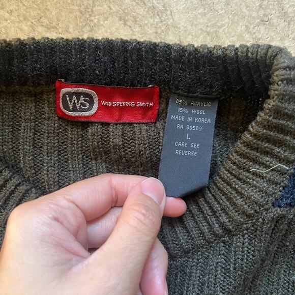 Vintage 90s Mens Sweater L Navy Green Striped Wool Blend Grunge Skater Grandpa - Picture 2 of 7